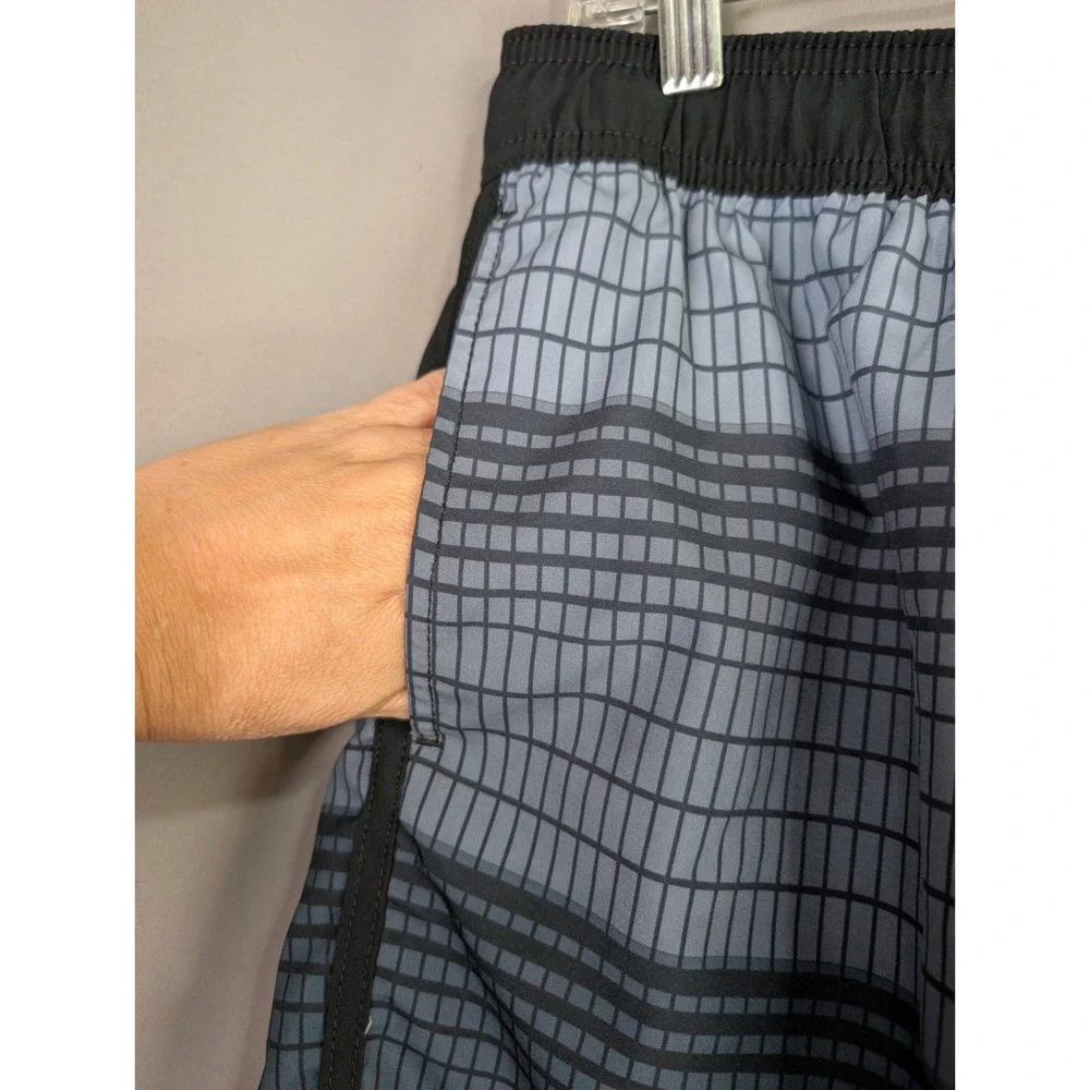 Speedo Swim Trunks Mens L Blue Grey Geometric Grid Mesh Liner Board Shorts